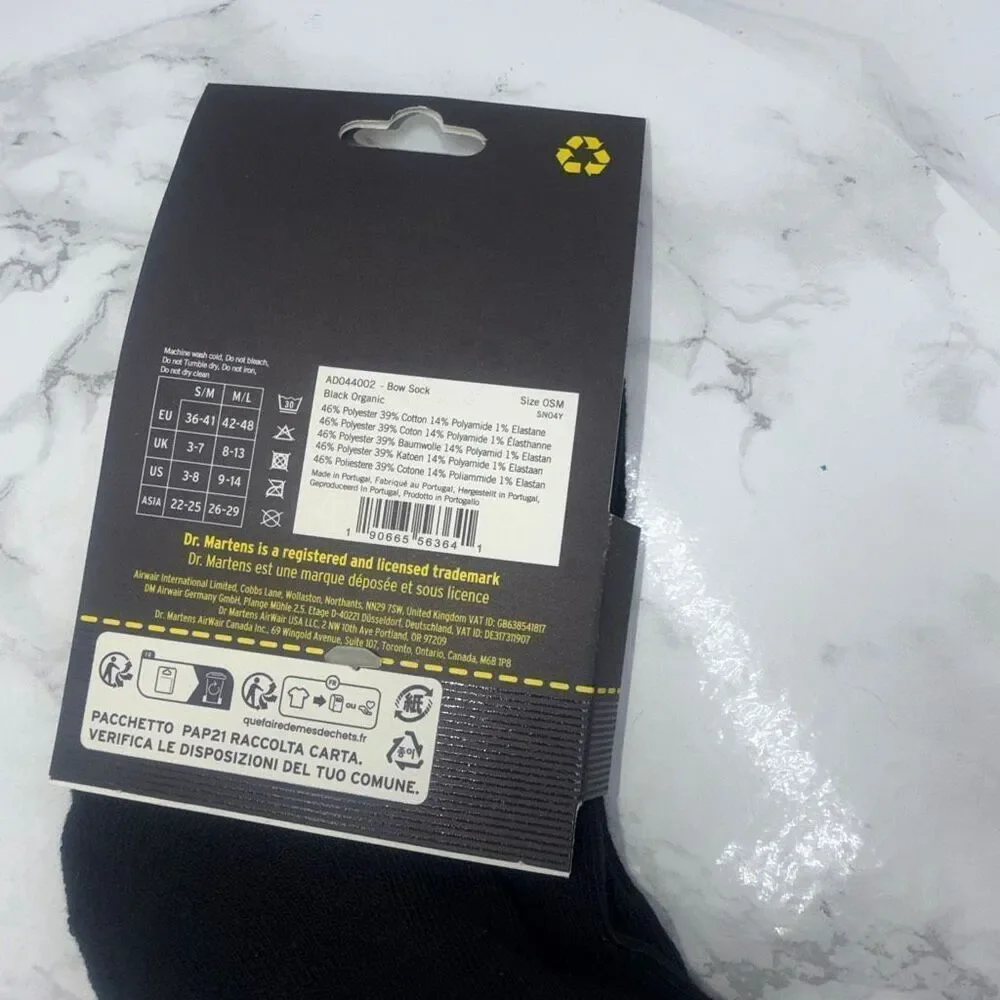 DR.MARTENS Airwear Black Organic Cotton Blend Bow Socks-S/M NEW!